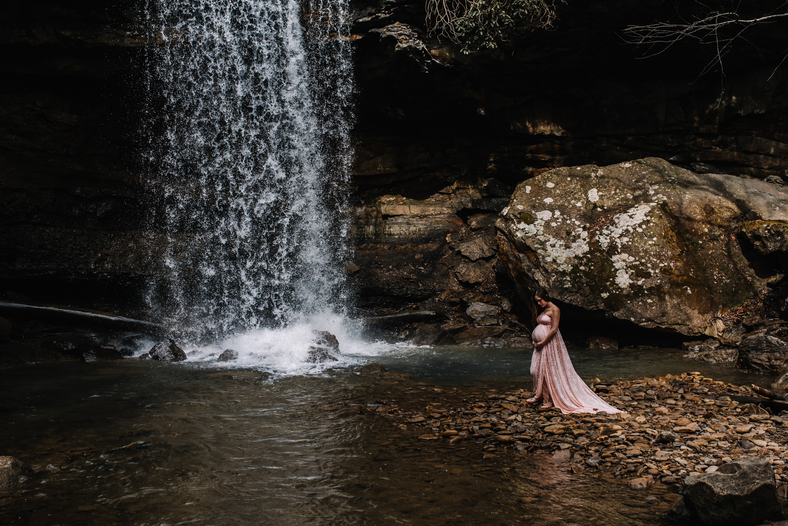  pregnant mom at ohiopyle waterfall for her maternity session  