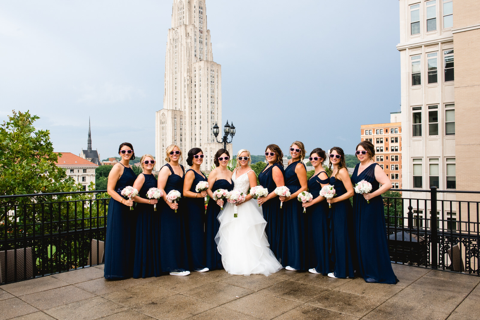 bridal party on rooftop university club wedding in pittsburgh