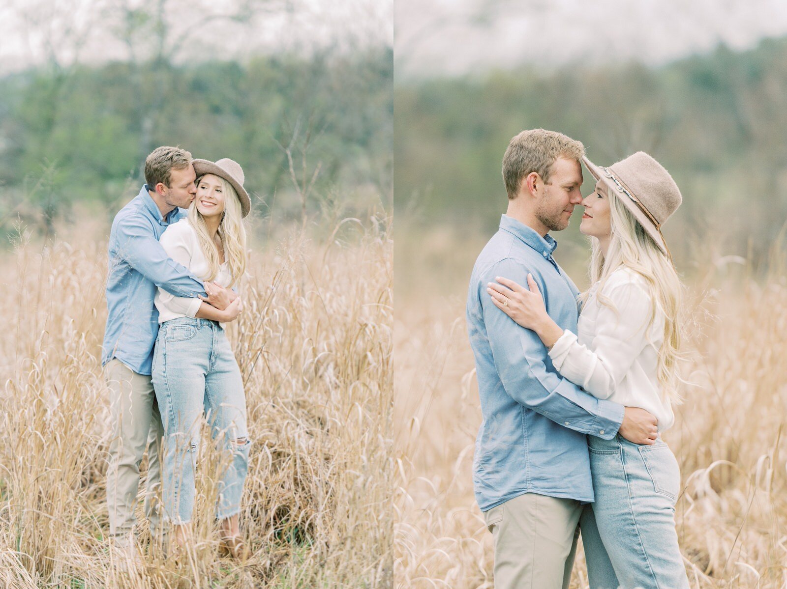  Couple stands together close and hugs one another for photos in field 